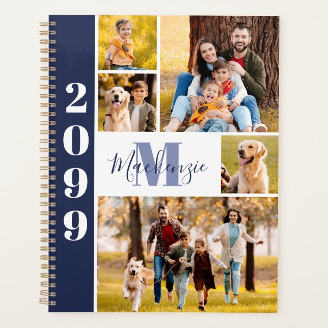 Modernes 5-Foto Collage Monogram Name Navy Blue Planer (Vorderseite)