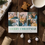 Modernes 5 Foto Collage Weihnachten<br><div class="desc">Zeitgenössische Weihnachtskarte mit einer 5-Foto-Collage Ihrer Familie,  den Worten "fröhliche Weihnachten" in einer eleganten grünen Farbverlaufsschrift,  Ihrem Familiennamen und dem Jahr.</div>
