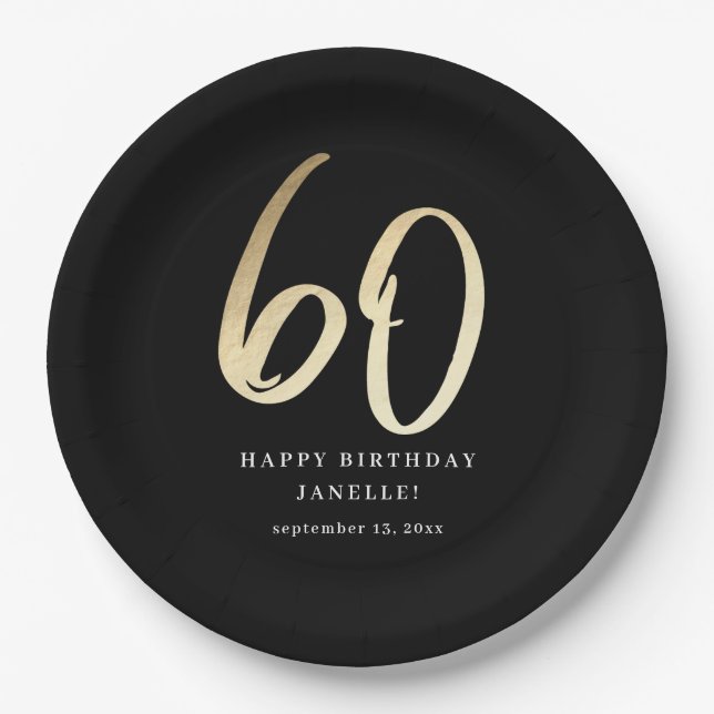 Modernes 60. Geburtstag Schwarzes & Gold-Script Pappteller (Vorderseite)