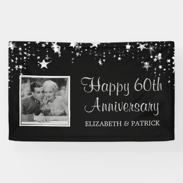 Modernes 60-jähriges Silver Stars Foto Black Banner (Horizontal)