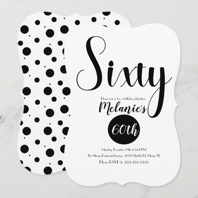 Modernes 60. Script fett Schwarz und Weiß Punkte Einladung (Vorne/Hinten)