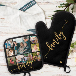 Modernes 9-Foto Collage Family Gold Skript schwarz Ofenhandschuh & Topflappen-Set