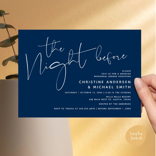 Modernes Abendessen bei Hochzeit, Probe vorbei Einladung (Modern Wedding Rehearsal Dinner, The Night Before Invitation Card Minimalist Beautiful Navy Blue)