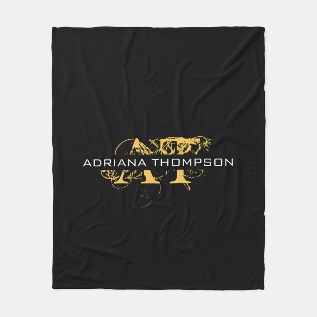 Modernes, abgenutztes Schwarz & Gold Monogramm Fleecedecke (Vorderseite)