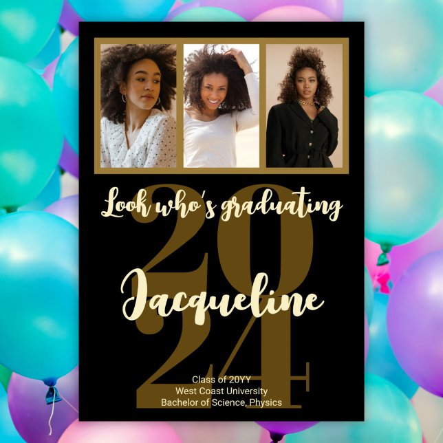 Modernes Abschluss 2025-Gold-Script-FotoCollage Einladung (Von Creator hochgeladen)