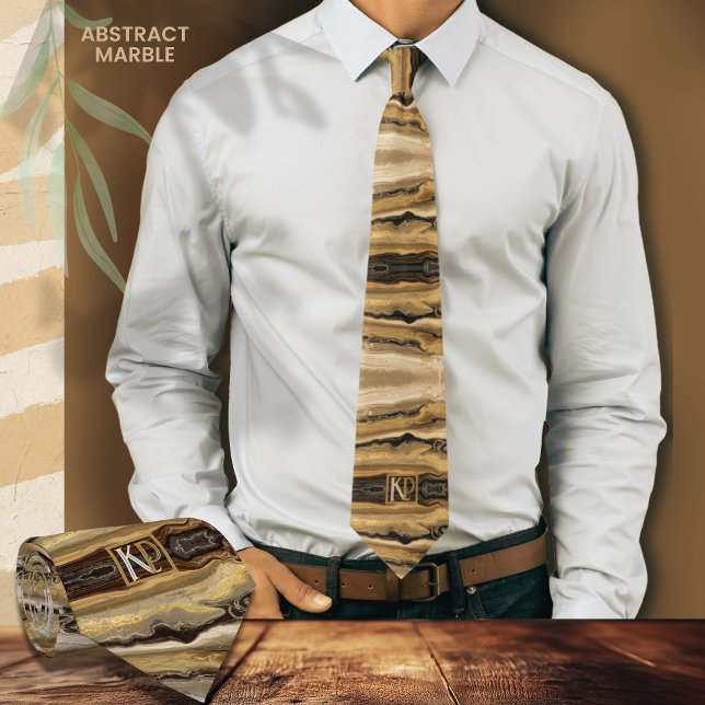 Modernes Abstrakt-Braun-Gold-Beige-Marmormonogramm Krawatte (Modern Abstract Brown Gold Beige Marble Monogram Neck Tie , white shirt)