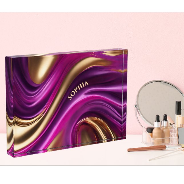 Modernes Abstrakt-Lila Rosa und Gold- Fotoblock (Personalized Modern Abstract Flow Art-Purple Fuchsia and Gold- Vanity or Desk)