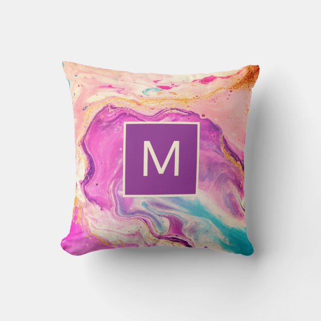 Modernes Abstrakt rosa Kunstschwirl Monogramm Kissen (Vorderseite)