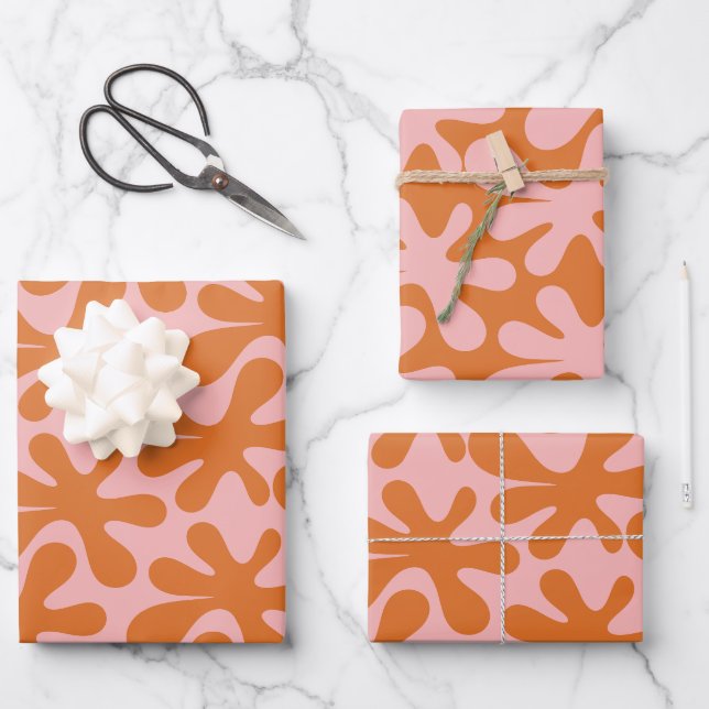 Modernes Abstraktes Amoeba-Muster Rosa Orange Geschenkpapier Set (Vorderseite)