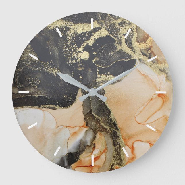 Modernes Abstraktes Black-Gold Apricot ohne Zahlen Große Wanduhr (Vorderseite)