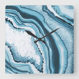 Modernes Abstraktes Blue Agate Geode Gemstone Quadratische Wanduhr
