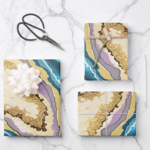Modernes Abstraktes Blue Gold Agate Geode Gemstone Geschenkpapier Set