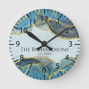 Modernes Abstraktes Blue Gold Agate Stone Geode In Runde Wanduhr