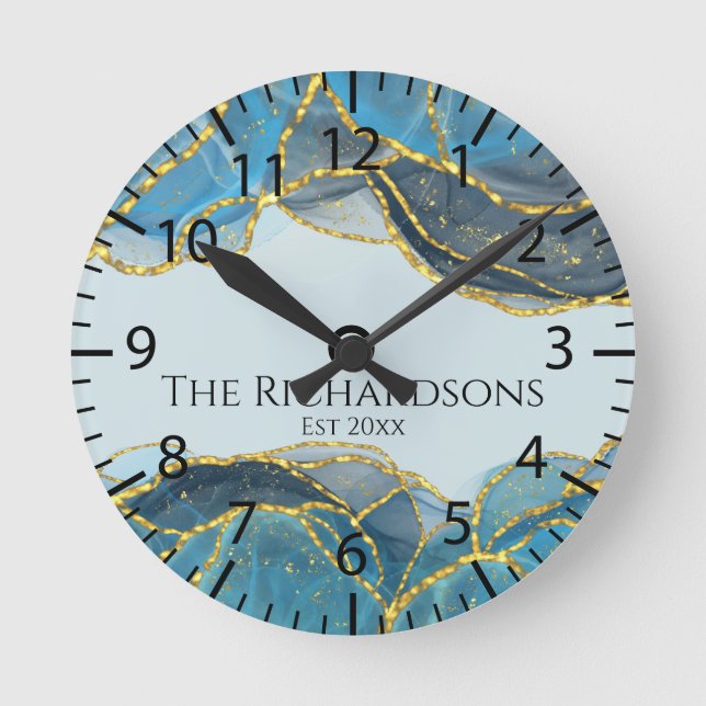 Modernes Abstraktes Blue Gold Agate Stone Geode In Runde Wanduhr (Vorderseite)