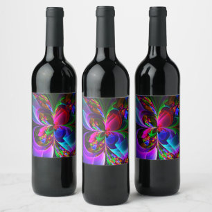 Modernes Abstraktes Blumenmuster Red Blue #12 Weinetikett