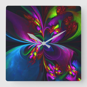 Modernes Abstraktes Blumenmuster Red Blue #15 Quadratische Wanduhr