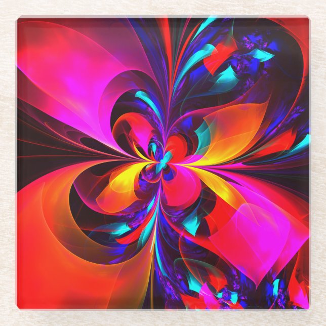 Modernes Abstraktes Blumenmuster Red Blue Muster # Glasuntersetzer (Vorderseite)