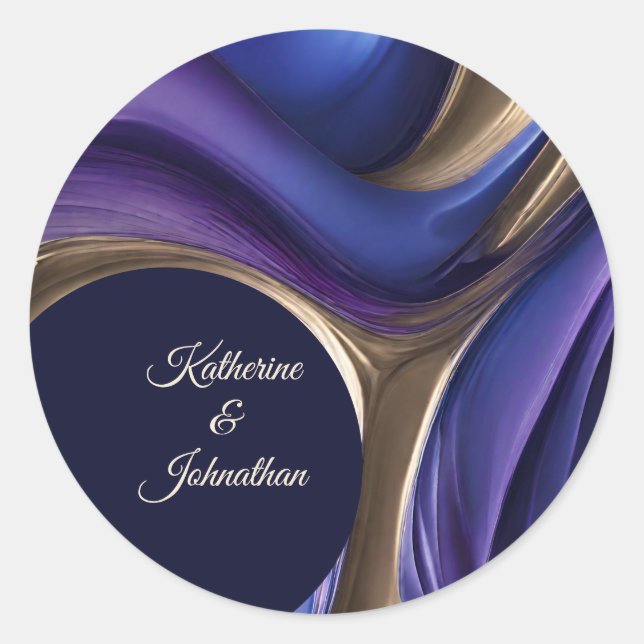 Modernes Abstraktes Fluid Art Blue Lila und Gold Runder Aufkleber (Vorderseite)