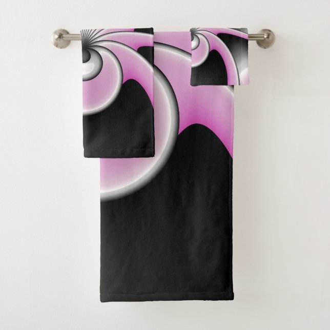 Modernes Abstraktes Fraktal Art Pink Grau Schwarz  Badhandtuch Set (Insitu)