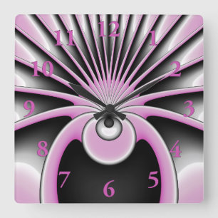 Modernes Abstraktes Fraktal Art Pink Grau Schwarz Quadratische Wanduhr