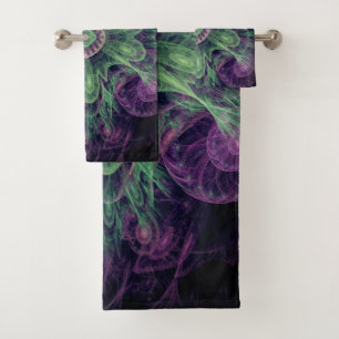 Modernes Abstraktes Fraktal Lila und grünes Design Badhandtuch Set