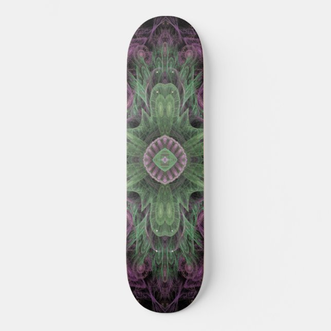 Modernes Abstraktes Fraktal Lila und grünes Design Skateboard (Vorderseite)