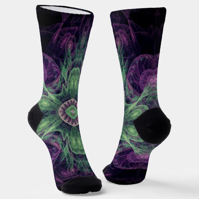 Modernes Abstraktes Fraktal Lila und grünes Design Socken (Gewinkelt)