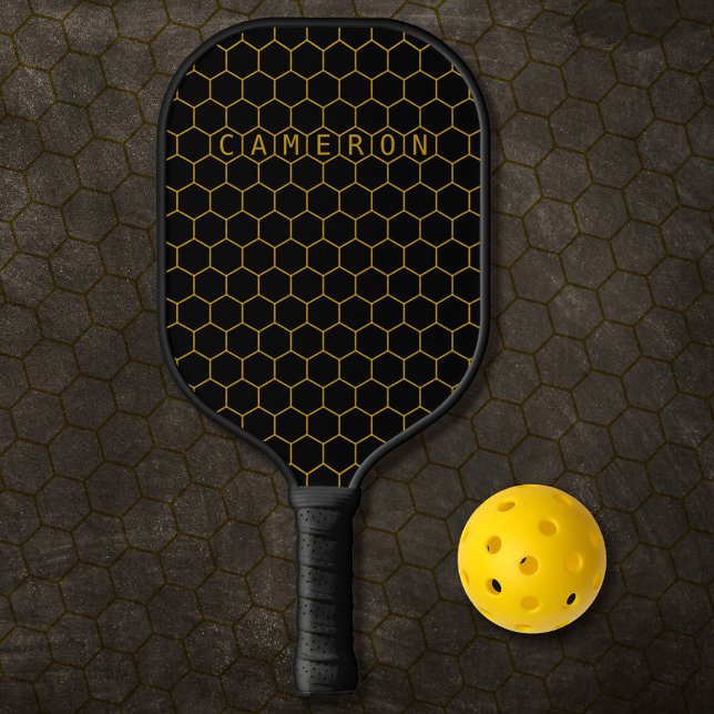 Modernes Abstraktes Gold Honeycomb Muster Schwarze Pickleball Schläger (Von Creator hochgeladen)
