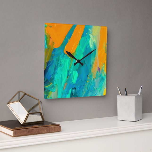 Modernes Abstraktes Kunstwerk Quadratische Wanduhr (Büro)