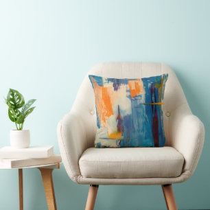 Modernes, Abstraktes Orange- und Blaupaint-Kissen Kissen