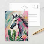 Modernes Abstraktes Pferd und Sukkulente Postkarte<br><div class="desc">Ein lebendiges, modernes abstraktes Gemälde mit einem Pferd, umgeben von Kakteen und Sukkulenten in sanften Pastellfarben. Das Pferd wird mit kühnen Farbspritzen ausgeschmückt, während die Wüste-Pflanze mit einer Mischung aus gedämpften Grüntönen, Pinks und Blues bemalt werden. Die Verschmelzung von Bio Formen und lebhaften Farbtönen schafft eine spielerische, aber beruhigende Komposition,...</div>