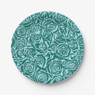 Modernes abstraktes Rosenmuster, Teal und Aqua Pappteller