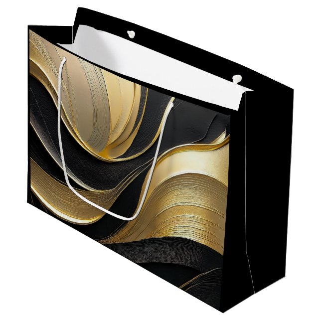 Modernes Abstraktes Schwarz und Gold Große Geschenktüte (Vorderseite Schrägansicht)