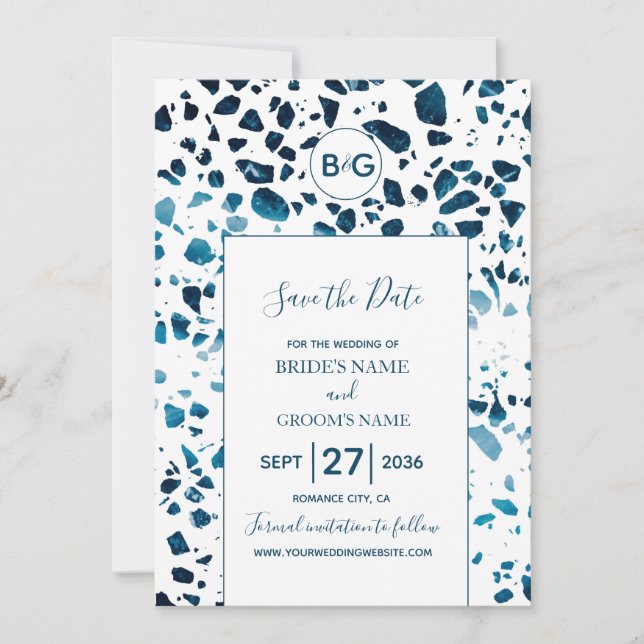 Modernes Abstraktes Terrazzo Mosaik Blau Save the  Date (Vorderseite)