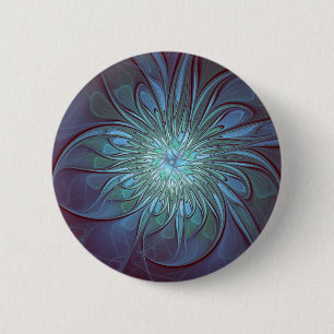 Modernes Abstraktes Trendy Blue Blume Fraktal Art Button