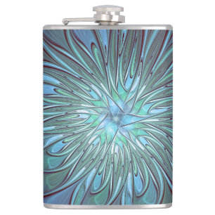 Modernes Abstraktes Trendy Blue Blume Fraktal Art Flachmann
