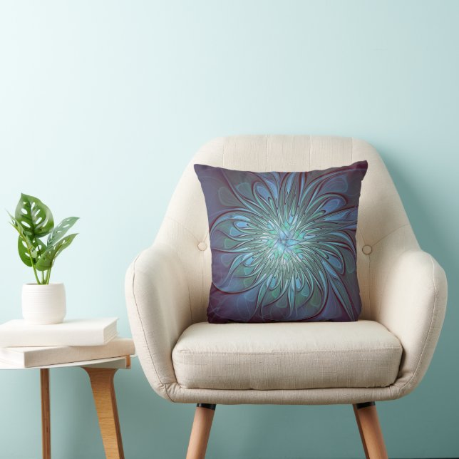 Modernes Abstraktes Trendy Blue Blume Fraktal Art Kissen (Stuhl )