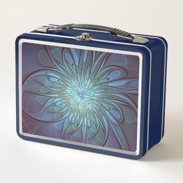 Modernes Abstraktes Trendy Blue Blume Fraktal Art Metall Brotdose (Vorderseite)