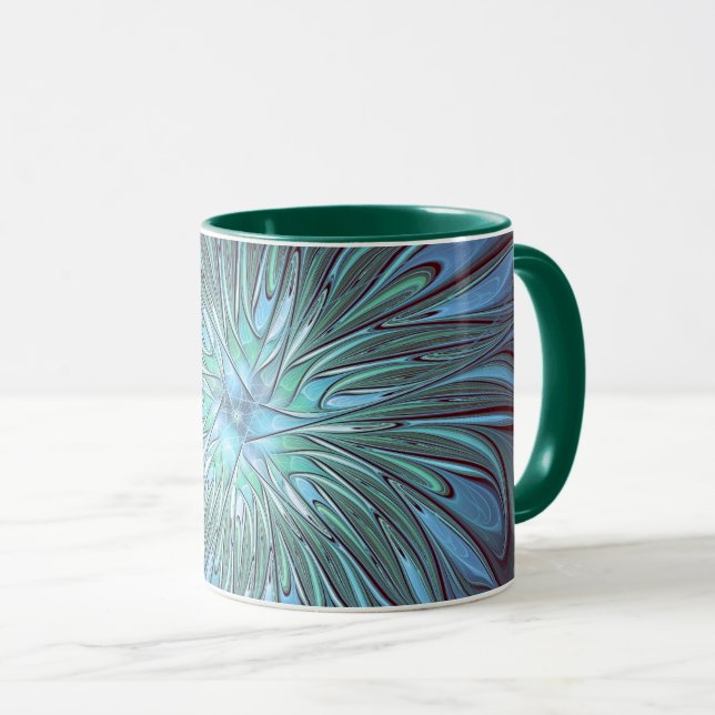 Modernes Abstraktes Trendy Blue Blume Fraktal Art Tasse (VorderseiteRechts)