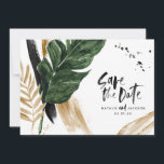 Modernes abstraktes, tropisches Hochzeitsfest-Foto Save The Date<br><div class="desc">Moderne tropische abstrakt bemalt Hochzeitskarte Foto Save the Date Karte. Teil einer modernen Hochzeitskollektion.</div>