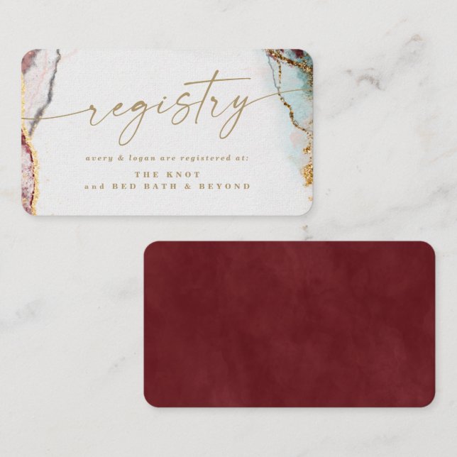 Modernes Abstraktes Wine Red & Gold Wedding Regist Begleitkarte (Vorne/Hinten)