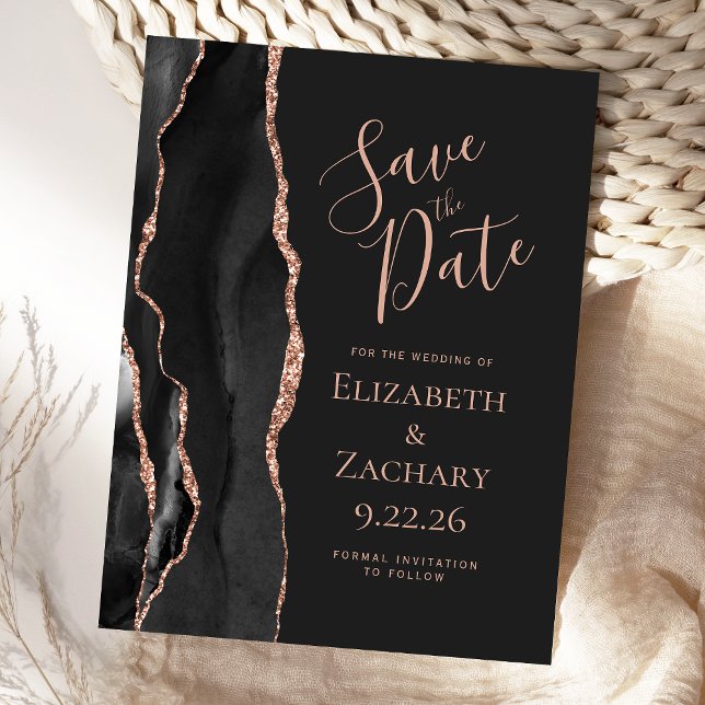 Modernes Agate Black Rose Gold Dark Save the Date Ankündigungspostkarte (Von Creator hochgeladen)