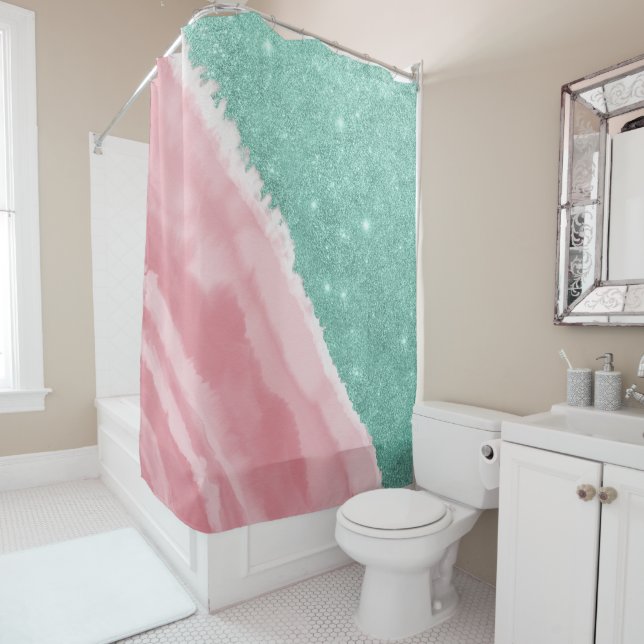 Modernes Aqua Aquamarin Pink Glitzer Aqua Beach Duschvorhang (Beispiel)