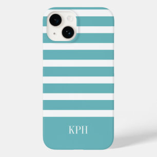 Modernes Aqua Blau und Weiß Streifen mit Monogramm Case-Mate iPhone 14 Hülle