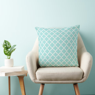 Modernes Aqua Blue marokkanisches Quatrefolienmust Kissen