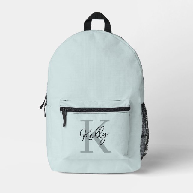 Modernes Aqua Blue Monogram Script Bedruckter Rucksack (Vorderseite)