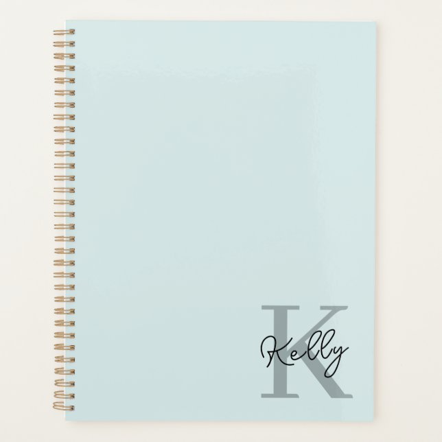 Modernes Aqua Blue Monogram Script Planer (Vorderseite)