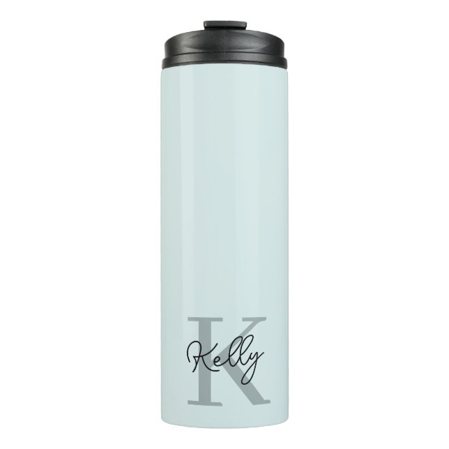 Modernes Aqua Blue Monogram Script Thermosbecher (Vorderseite)