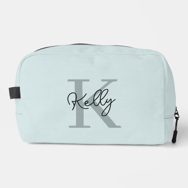 Modernes Aqua Blue Monogram Script Waschbeutel (Vorderseite)
