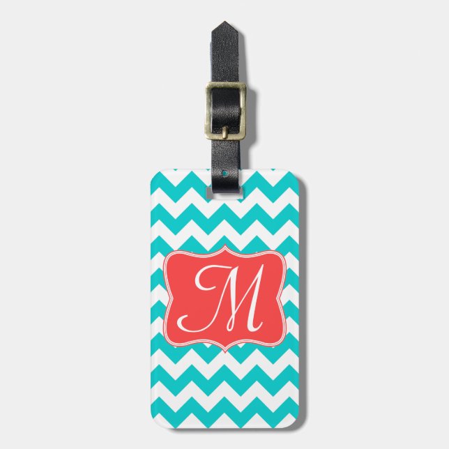 Modernes Aqua Coral Zickzack Zig Monogram Gepäckan Gepäckanhänger (Vorderseite vertikal)